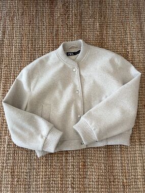 Zara Cream Bomber Jacket with Ribbed Trim
